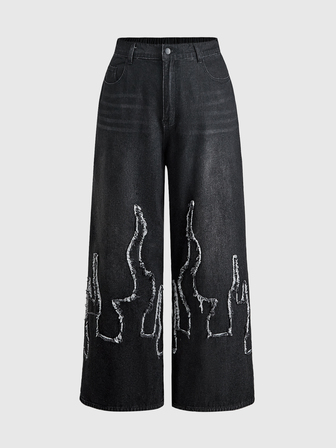 Grunge Punk Pantaloni in denim a gamba larga stile street per donna taglie forti, con ricamo a fiamma, pantaloni lunghi ampi casual