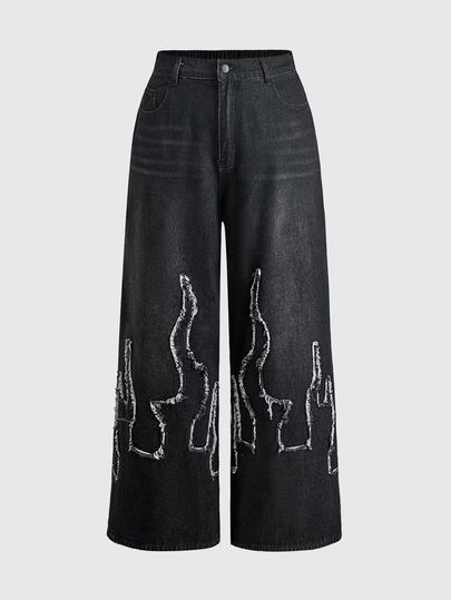 Grunge Punk Pantaloni in denim a gamba larga stile street per donna taglie forti, con ricamo a fiamma, pantaloni lunghi ampi casual