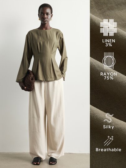Aalyst Women's Olive Green Twill Linen Round Neck Waist-Cinching Pleated A-Line Short Sleeve Blouse, Elegant Office Commute Business Casual Autumn Winter