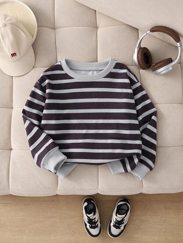 Boys' College Style Crew Neck Drop Shoulder Ribbed Contrast Grey Striped Long Sleeve Sweatshirt, Thick Brushed Soft Fabric, Suitable For Back To School, Daily Wear, Outdoor, Autumn/Winter School