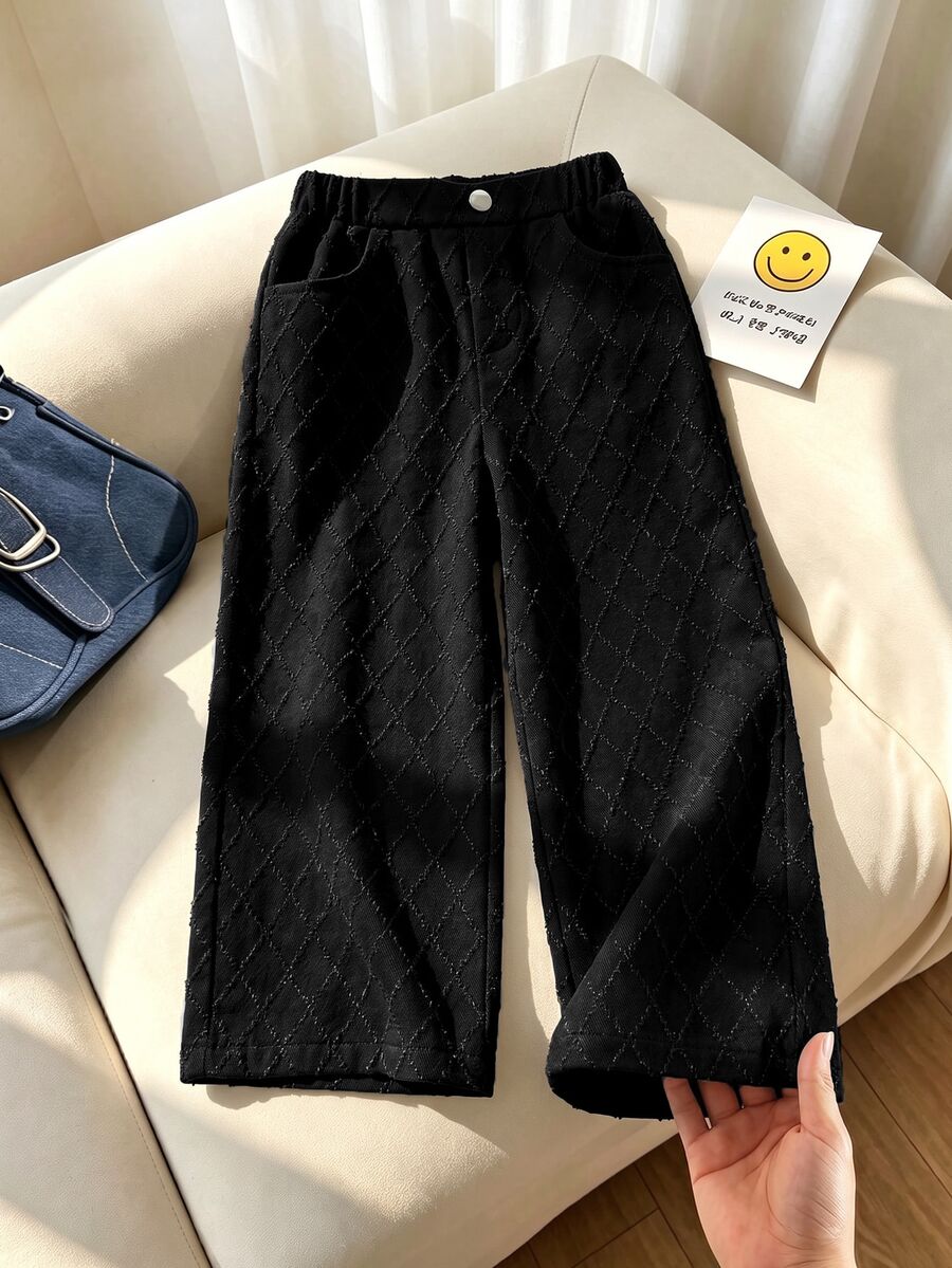 SHEIN 女童淺藍色純色紋理寬腿牛仔褲，休閒牛仔女孩牛仔褲，適合返校季，棉質面料，夏季