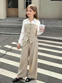 SHEIN 两件套少女休闲优雅撞色二合一衬衫裤套装，适合日常穿着、通勤、母女装，秋冬季 - 卡其色 - 查看 3