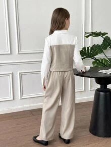 SHEIN 两件套少女休闲优雅撞色二合一衬衫裤套装，适合日常穿着、通勤、母女装，秋冬季 - 卡其色 - 查看 2