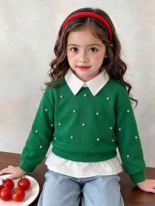 SHEIN Elladie kids 女童 2 合 1 有領衛衣，寬鬆版型，秋季款 - 綠色 - 查看 8