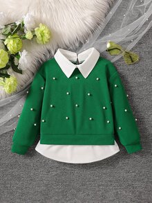 SHEIN Elladie kids 女童 2 合 1 有領衛衣，寬鬆版型，秋季款 - 綠色 - 查看 1