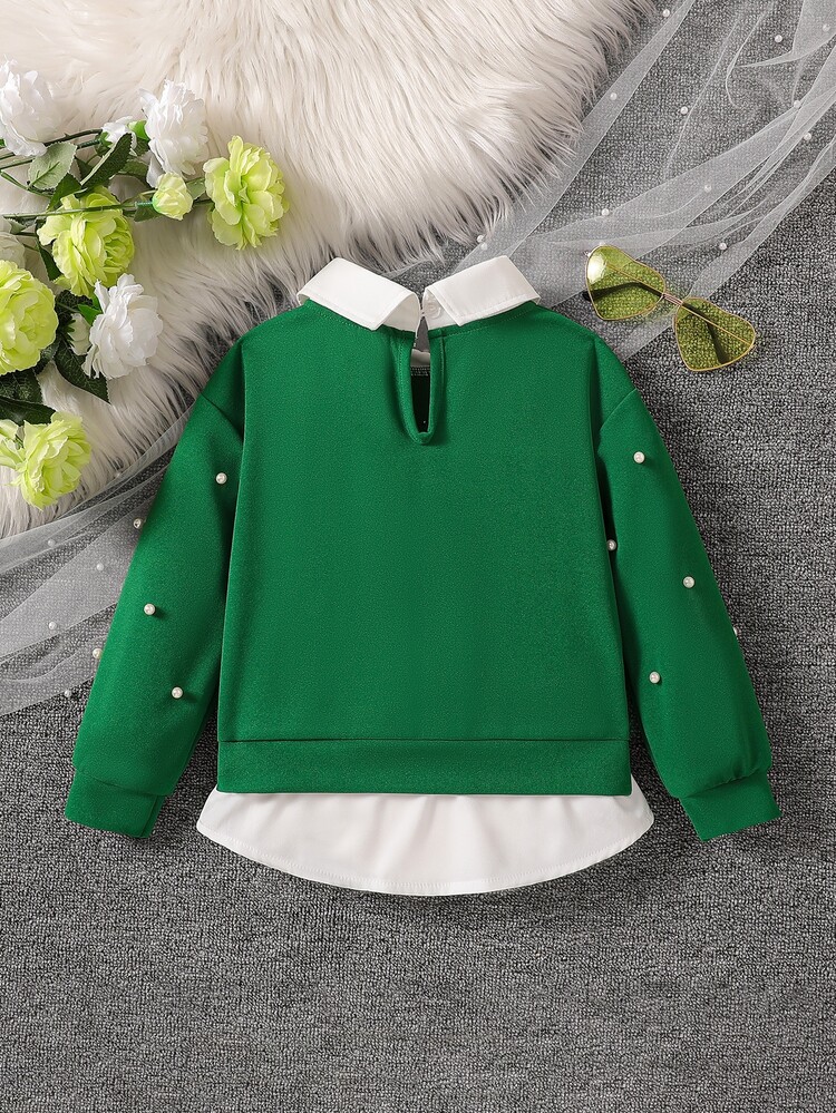 SHEIN Elladie kids Girls 2 In 1 Sweatshirt With Collar, Loose Fit School 7th Birthday Green Autumn - Green - View 2