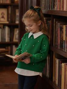 SHEIN Elladie kids 女童 2 合 1 有領衛衣，寬鬆版型，秋季款 - 綠色 - 查看 4