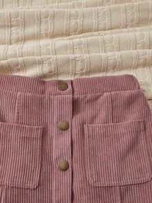 SHEIN Tween女孩鈕扣前開雙口袋燈芯絨休閒口袋飄逸柔美經典易打理柔軟大膽時尚酷感清新女童校園裙 - 藕粉色 - 查看 4