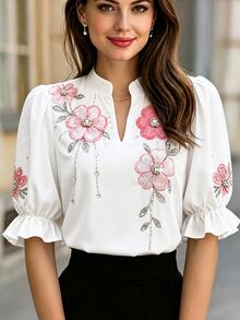 Balvessa Blusa da donna con scollo a V, ricamo floreale, stile casual romantico ed elegante, versatile per uso quotidiano, brunch e appuntamenti, rosa e bianco, estiva - Bianco - Visualizzare 4