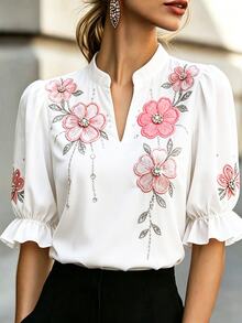 Balvessa Blusa da donna con scollo a V, ricamo floreale, stile casual romantico ed elegante, versatile per uso quotidiano, brunch e appuntamenti, rosa e bianco, estiva - Bianco - Visualizzare 5