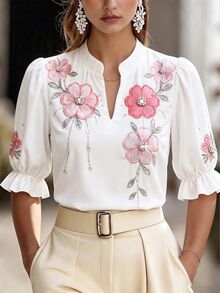 Balvessa Blusa da donna con scollo a V, ricamo floreale, stile casual romantico ed elegante, versatile per uso quotidiano, brunch e appuntamenti, rosa e bianco, estiva - Bianco - Visualizzare 3