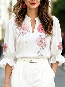 Balvessa Blusa da donna con scollo a V, ricamo floreale, stile casual romantico ed elegante, versatile per uso quotidiano, brunch e appuntamenti, rosa e bianco, estiva - Bianco - Visualizzare 6
