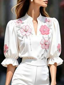 Balvessa Blusa da donna con scollo a V, ricamo floreale, stile casual romantico ed elegante, versatile per uso quotidiano, brunch e appuntamenti, rosa e bianco, estiva - Bianco - Visualizzare 1