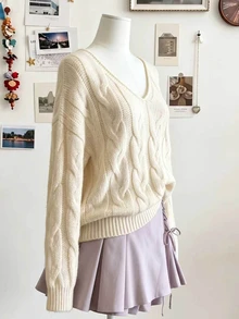 INAWLY Women's Solid Color Dropped Shoulder Loose Knit Top - Beige - View 3