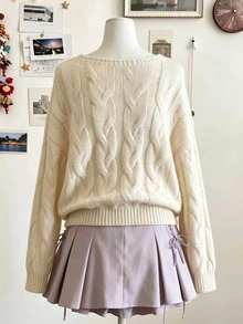 INAWLY Women's Solid Color Dropped Shoulder Loose Knit Top - Beige - View 2