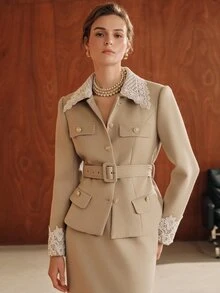 Anewsta 秋冬新款駱駝色優雅休閒百搭專業通勤設計蕾絲拼接 Polo 長袖女款羊毛混紡短夾克附腰帶 - 駝色 - 查看 6