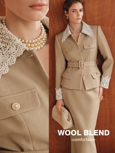 Anewsta Autumn/Winter New Camel Color Elegant Casual Versatile Professional Commute Design Lace Patchwork Polo Long Sleeve Women's Wool Blend Short Jacket With Belt