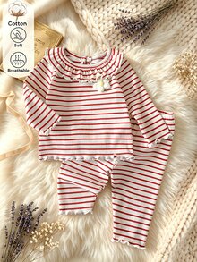 SHEIN 女嬰 0-3 歲 春/秋季 針織條紋花卉刺繡荷葉領長袖上衣搭配長褲套裝，可愛甜美優雅，舒適面料，適合室內外活動 - 彩色 - 查看 2