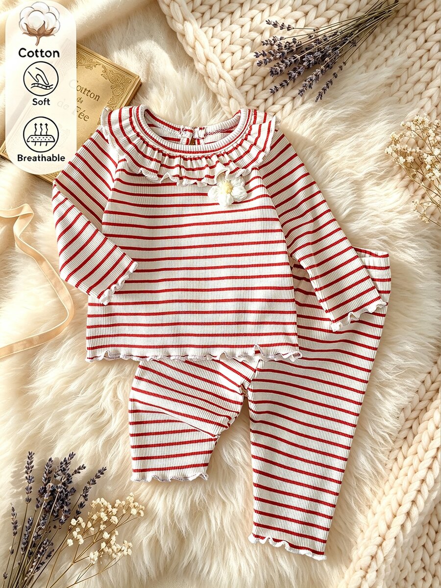SHEIN 女嬰 0-3 歲 春/秋季 針織條紋花卉刺繡荷葉領長袖上衣搭配長褲套裝，可愛甜美優雅，舒適面料，適合室內外活動