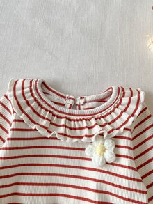 SHEIN 女嬰 0-3 歲 春/秋季 針織條紋花卉刺繡荷葉領長袖上衣搭配長褲套裝，可愛甜美優雅，舒適面料，適合室內外活動 - 彩色 - 查看 7