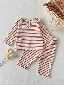 SHEIN 女嬰 0-3 歲 春/秋季 針織條紋花卉刺繡荷葉領長袖上衣搭配長褲套裝，可愛甜美優雅，舒適面料，適合室內外活動 - 彩色 - 查看 4