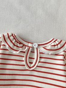 SHEIN 女嬰 0-3 歲 春/秋季 針織條紋花卉刺繡荷葉領長袖上衣搭配長褲套裝，可愛甜美優雅，舒適面料，適合室內外活動 - 彩色 - 查看 9
