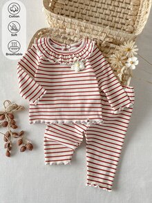 SHEIN 女嬰 0-3 歲 春/秋季 針織條紋花卉刺繡荷葉領長袖上衣搭配長褲套裝，可愛甜美優雅，舒適面料，適合室內外活動 - 彩色 - 查看 6