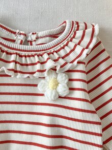 SHEIN 女嬰 0-3 歲 春/秋季 針織條紋花卉刺繡荷葉領長袖上衣搭配長褲套裝，可愛甜美優雅，舒適面料，適合室內外活動 - 彩色 - 查看 8