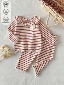 SHEIN 女嬰 0-3 歲 春/秋季 針織條紋花卉刺繡荷葉領長袖上衣搭配長褲套裝，可愛甜美優雅，舒適面料，適合室內外活動 - 彩色 - 查看 5