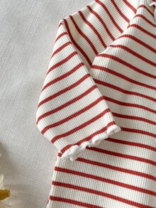 SHEIN 女嬰 0-3 歲 春/秋季 針織條紋花卉刺繡荷葉領長袖上衣搭配長褲套裝，可愛甜美優雅，舒適面料，適合室內外活動 - 彩色 - 查看 10