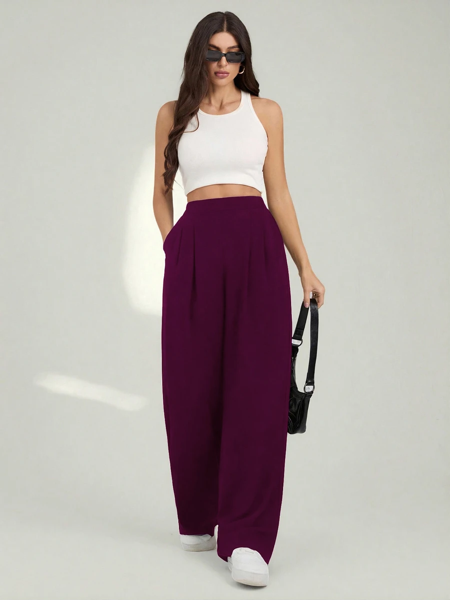 SHEIN Tall 女款休閒純色直筒長褲,適合高個女性 - 中紫紅色 - 查看 1