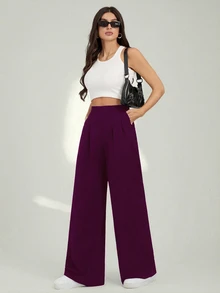 SHEIN Tall 女款休閒純色直筒長褲，適合高個女性 - 中紫紅色 - 查看 5