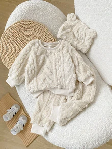 SHEIN Playful Pals 3件組男嬰運動衫運動褲套裝，可愛甜美奶油色麻花編織熊耳毛絨長袖加厚款，舒適保暖，適合冬季休閒慢跑與周歲生日 - 米色 - 查看 5