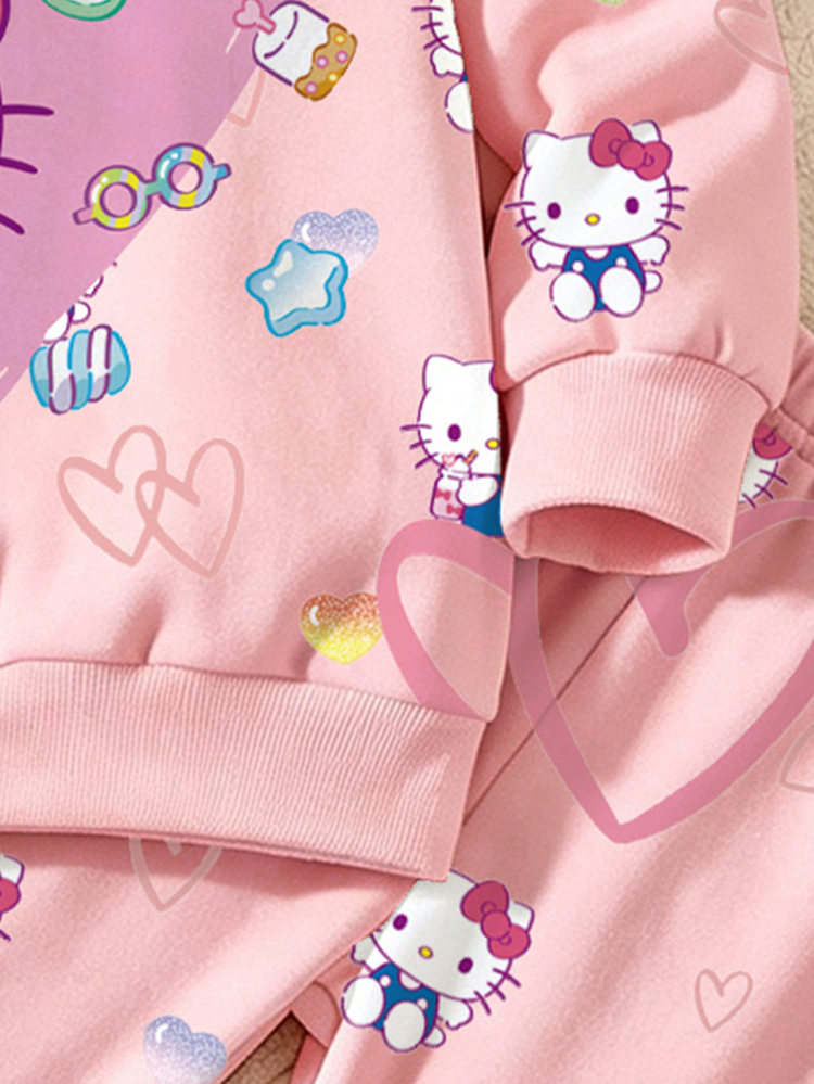 HELLO KITTY AND FRIENDS | SHEIN Setelan 2pcs Baju Bayi Perempuan Motif Hati dan Permen, Warna Pink Muda, Motif Kartun, Kerah Bulat, Cocok untuk Musim Semi/Gugur - Berwarna merah muda - View 4