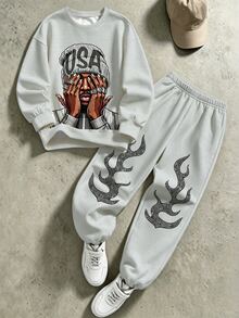 1套男孩酷運動風灰色人像印花圓領衛衣與束口休閒長褲，適合學校、外出、春秋季，帥氣男孩套裝 - 彩色 - 查看 3