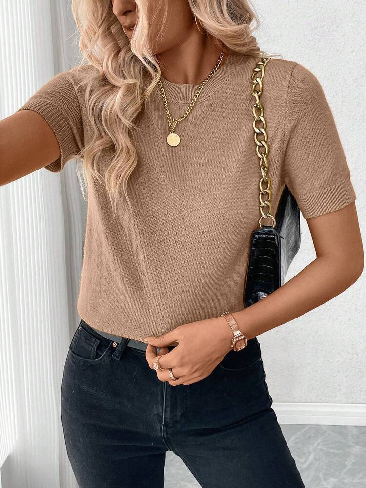 Pariaura Women's Solid Color Casual Versatile Daily Wear Knit Short Sleeve Top - Camel - View 3