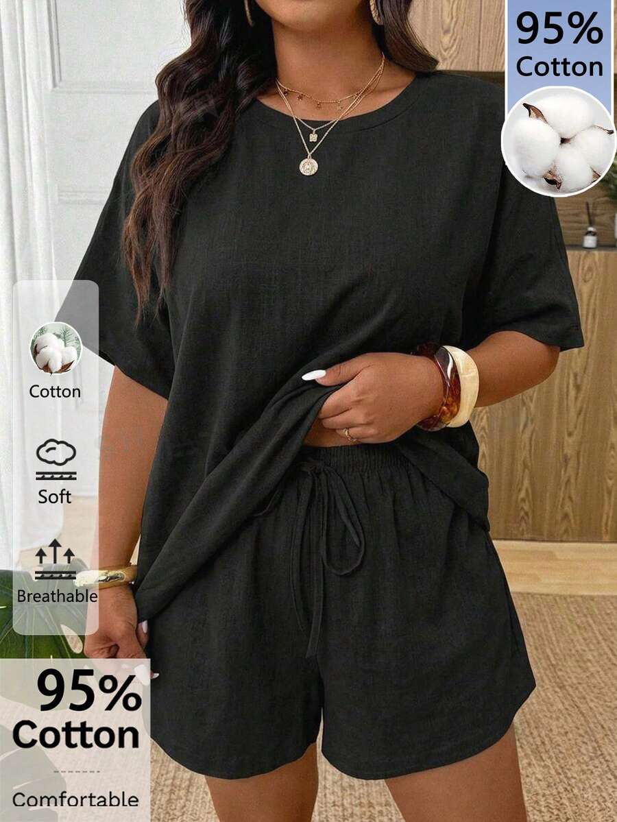 SHEIN Frenchy 95%棉舒適面料大尺碼女款黑色純色T恤與短褲兩件套－舒適短袖休閒套裝，適合夏季、海灘、商務與度假場合