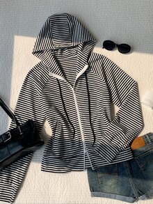 Comfortcana Women's Black & White Striped Back To School College Style Sweatshirt - Black and White - View 6