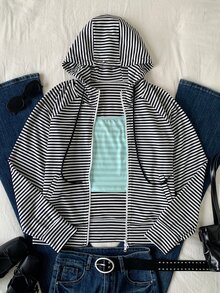 Comfortcana Women's Black & White Striped Back To School College Style Sweatshirt - Black and White - View 4