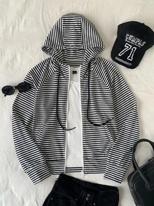 Comfortcana Women's Black & White Striped Back To School College Style Sweatshirt - Black and White - View 5