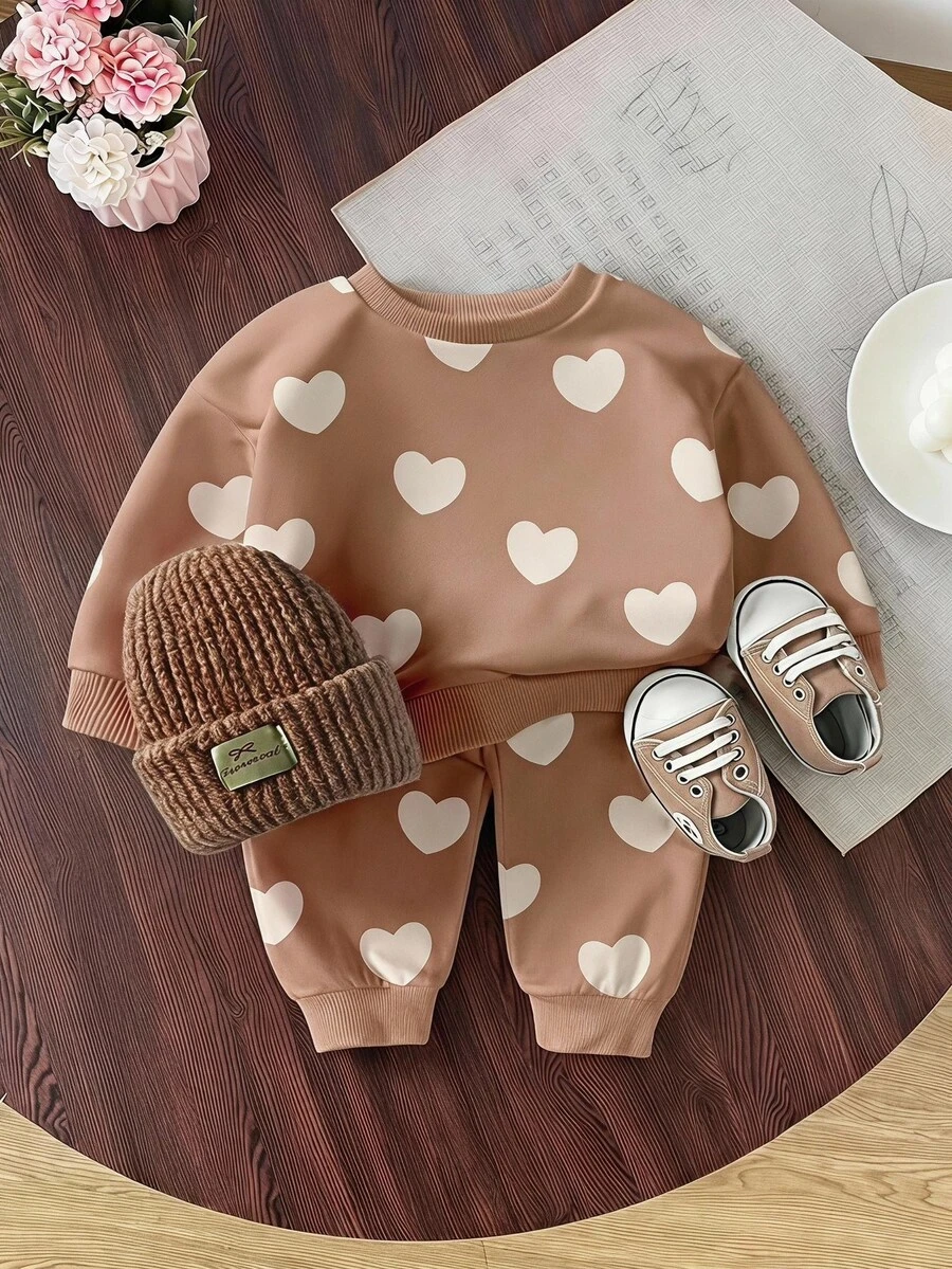 1 Set Baby Girls Casual Cute Fashion Heart Print Crew Neck Sweatshirt And Sweatpants Set, Autumn Fall Winter - Multicolor - View 1