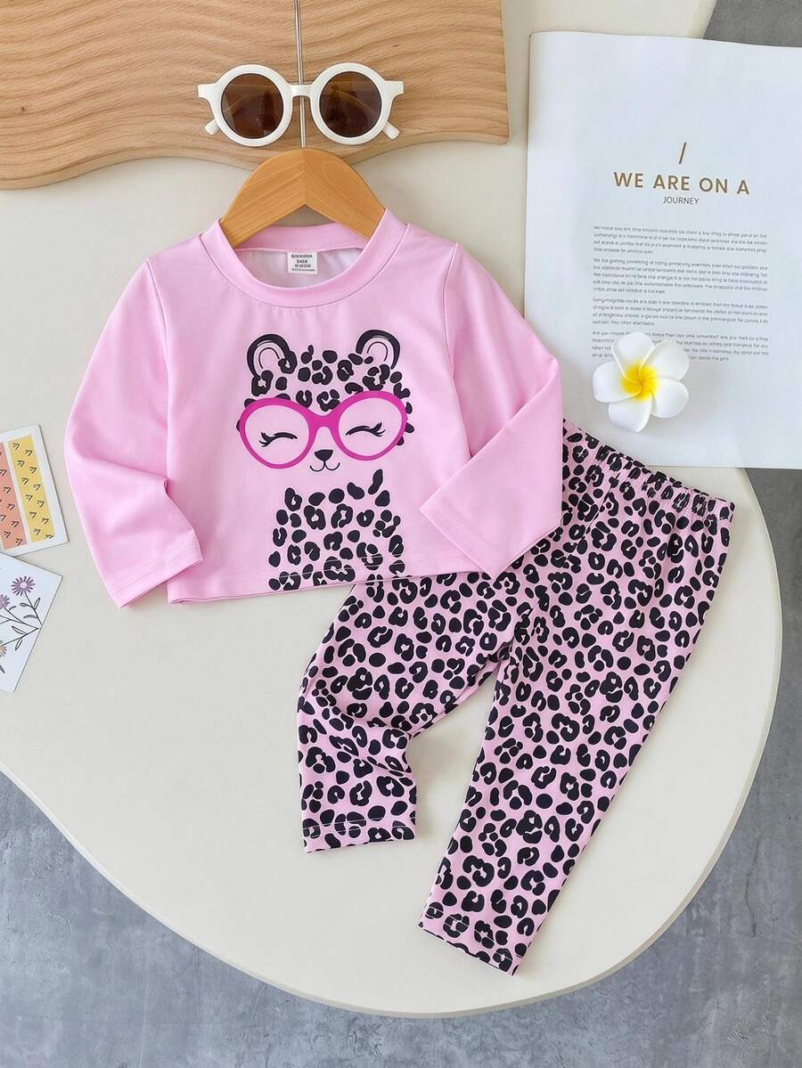 SHEIN 2 件套女婴豹纹长袖 T 恤和裤子休闲舒适服装,适合 0-3 岁,四季皆宜,性价比高 - 紫色 - 查看 1
