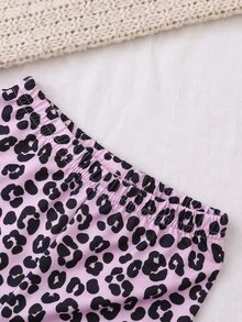 SHEIN 2 件套女婴豹纹长袖 T 恤和裤子休闲舒适服装，适合 0-3 岁，四季皆宜，性价比高 - 紫色 - 查看 3