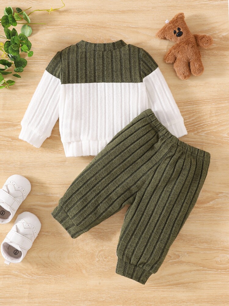 SHEIN 2pcs/Set Newborn Baby Olive Green,Autumn,Casual,Family Matching Striped Knitted Long Sleeve T-Shirt & Elastic Waist Pants Set,Spring Winter Pocket - Multicolor - View 4