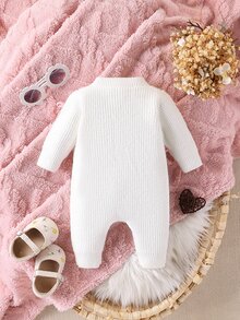SHEIN 1pc Baby Girl Knitted Jumpsuit, White And Pink 3D Bow Long Sleeve, Autumn Cozy Soft Elegant Family Matching Cute Minimalist Versatile - White - View 2