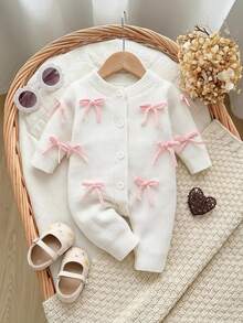 SHEIN 1pc Baby Girl Knitted Jumpsuit, White And Pink 3D Bow Long Sleeve, Autumn Cozy Soft Elegant Family Matching Cute Minimalist Versatile - White - View 1