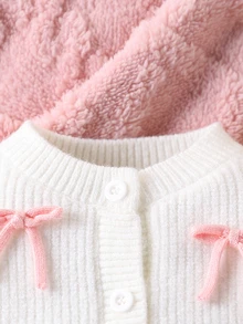 SHEIN 1pc Baby Girl Knitted Jumpsuit, White And Pink 3D Bow Long Sleeve, Autumn Cozy Soft Elegant Family Matching Cute Minimalist Versatile - White - View 3