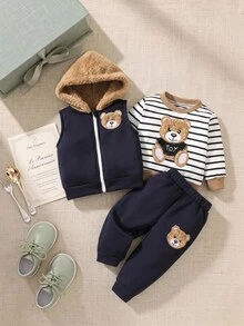 SHEIN 3 件套男婴熊条纹图案保暖羊毛运动衫、连帽背心和裤子休闲装，秋冬 - 寶藍色 - 查看 1