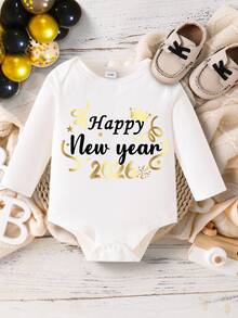 Souflis Souflis 男嬰皇冠「Happy New Year」字母印花圓領長袖連身衣，可愛家庭套裝趣味款，黑白配色，適合秋季、首個生日、春季 - 白色 - 查看 3