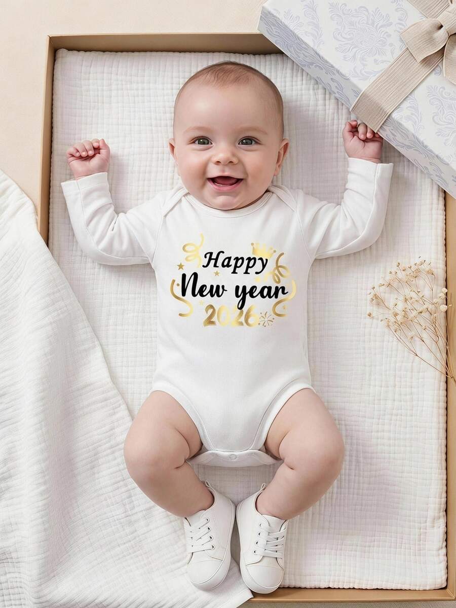 Souflis Souflis 男嬰皇冠「Happy New Year」字母印花圓領長袖連身衣,可愛家庭套裝趣味款,黑白配色,適合秋季、首個生日、春季 - 白色 - 查看 1